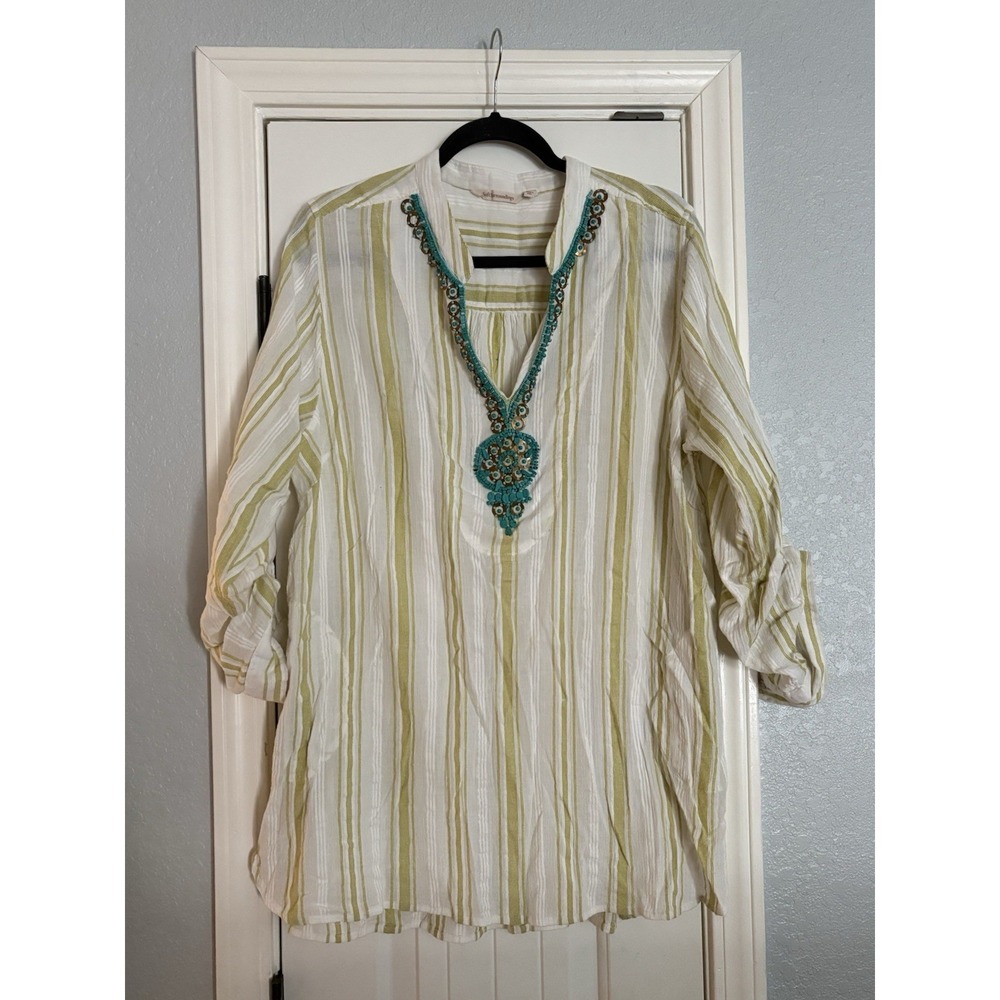 Soft Surroundings Tunic Women 1X‎ White Green Striped Beaded Bib Roll-Tab 5CC29